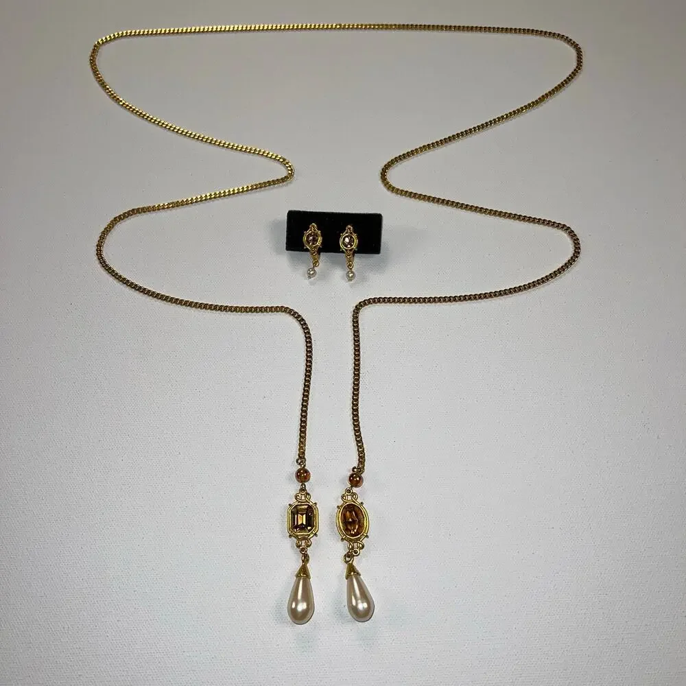 Vintage Gold Tone Lariat Necklace & Clip-On Earring Set Brown Stone Faux Pearl